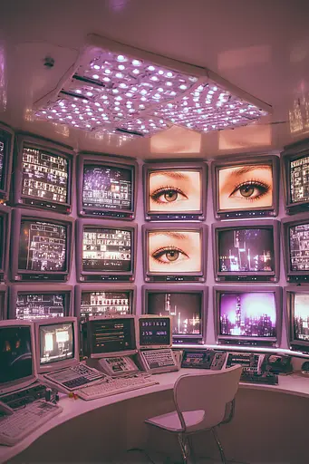 Midjourney generated image using SREF code Glintstorm: A room filled with lots of computer monitors and keyboards.