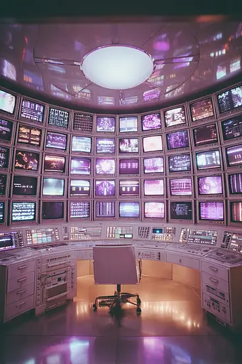 Midjourney generated image using SREF code Glintstorm: A control room with multiple monitors and a desk.