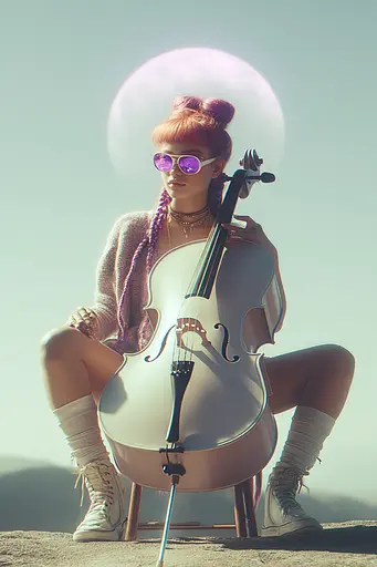 Midjourney generated image using SREF code Glintstorm: A woman sitting on top of a chair holding a cello.