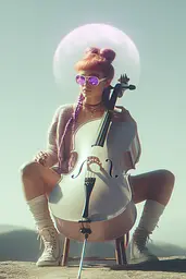 Midjourney generated image using SREF code Glintstorm: A woman sitting on top of a chair holding a cello.
