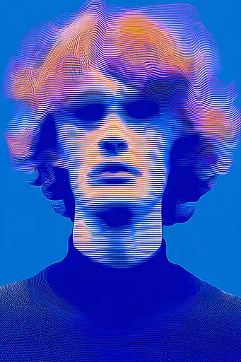 Midjourney generated image using SREF code Neon Hazequake: A portrait of a man with a blue background.