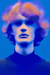 Midjourney generated image using SREF code Neon Hazequake: A portrait of a man with a blue background.