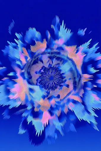 Midjourney generated image using SREF code Neon Hazequake: A blue and pink flower on a blue background.