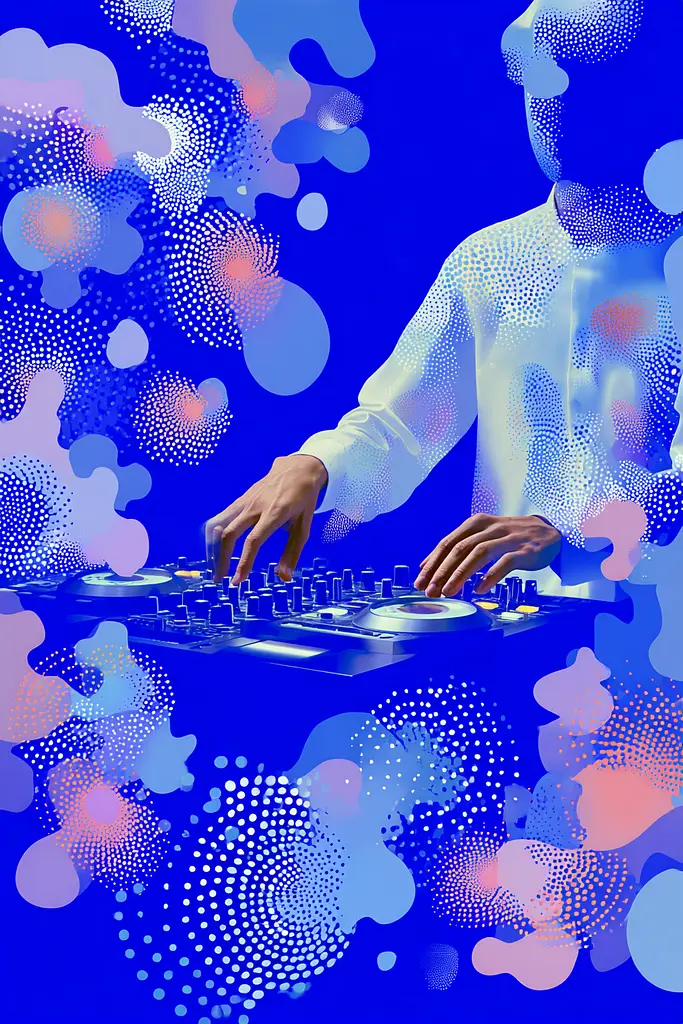 Midjourney generated image using SREF code Neon Hazequake: A man in a white shirt is playing a dj set.