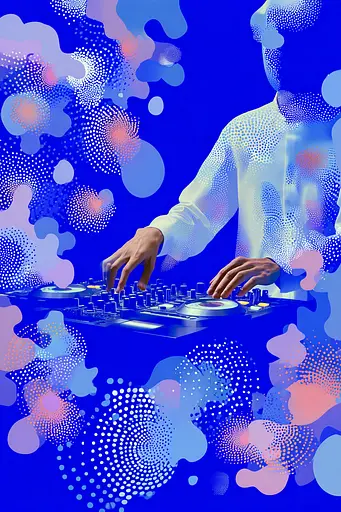 Midjourney generated image using SREF code Neon Hazequake: A man in a white shirt is playing a dj set.