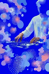 Midjourney generated image using SREF code Neon Hazequake: A man in a white shirt is playing a dj set.