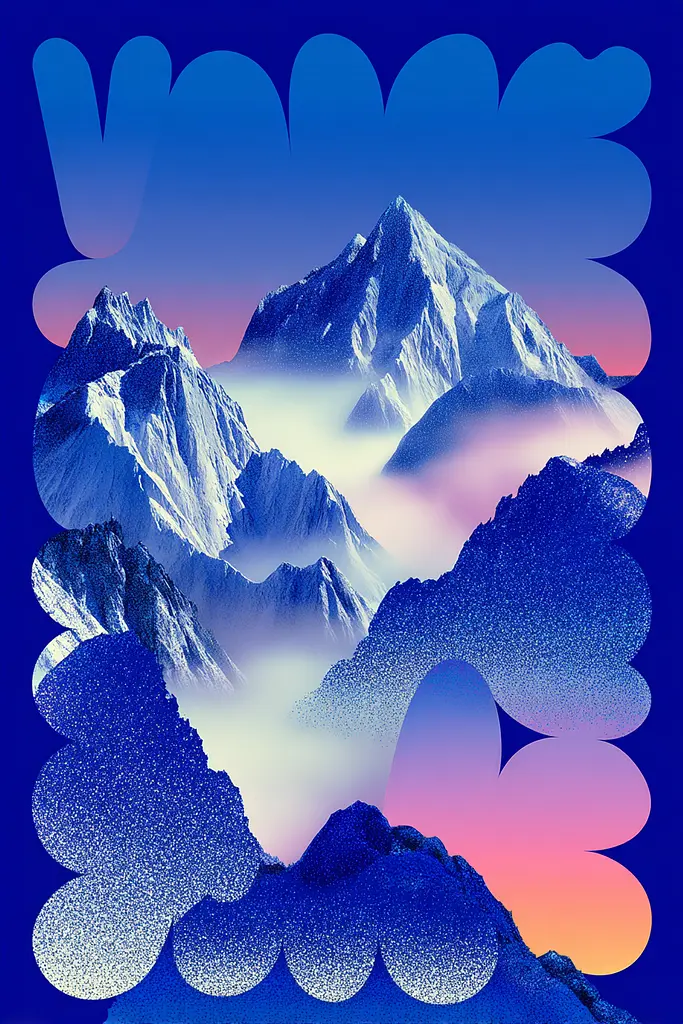 Midjourney generated image using SREF code Neon Hazequake: A blue and pink poster with a mountain range in the background.