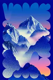 Midjourney generated image using SREF code Neon Hazequake: A blue and pink poster with a mountain range in the background.