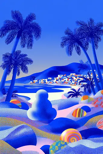 Midjourney generated image using SREF code Neon Hazequake: A painting of a beach scene with palm trees and beach balls.