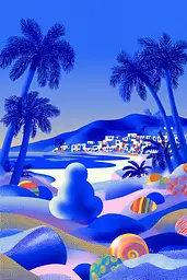 Midjourney generated image using SREF code Neon Hazequake: A painting of a beach scene with palm trees and beach balls.