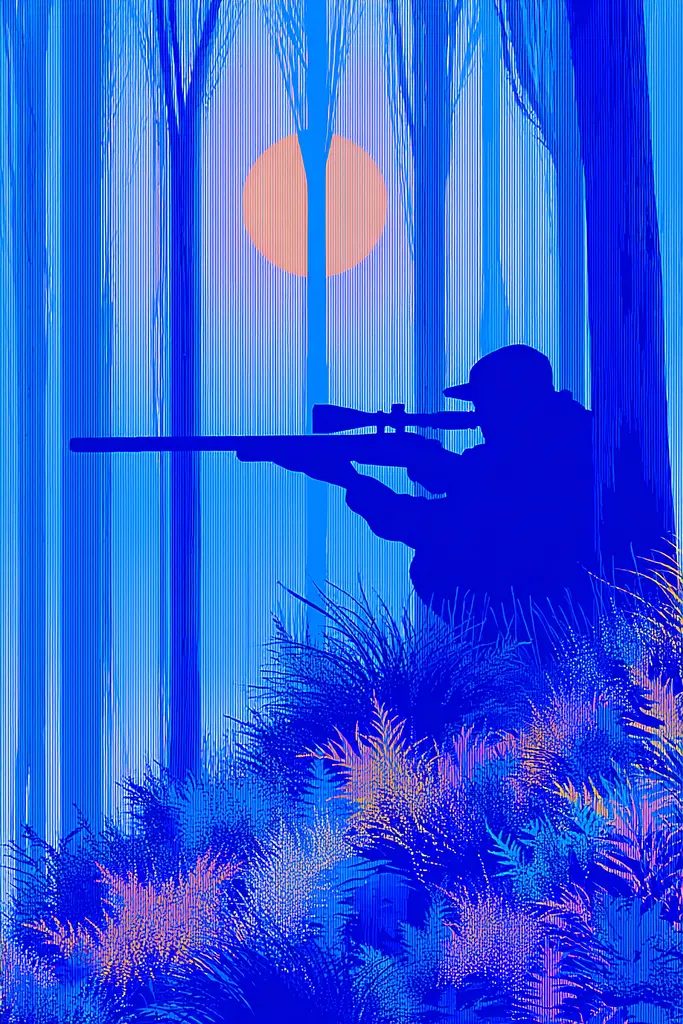 Midjourney generated image using SREF code Neon Hazequake: A silhouette of a man with a rifle in the woods.