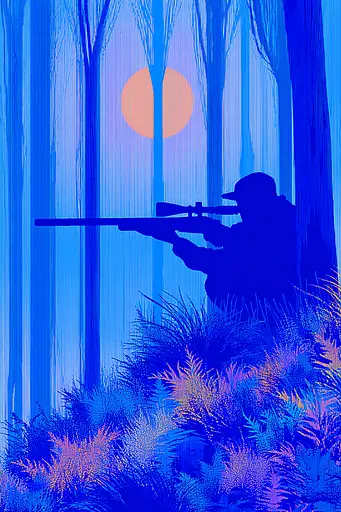 Midjourney generated image using SREF code Neon Hazequake: A silhouette of a man with a rifle in the woods.