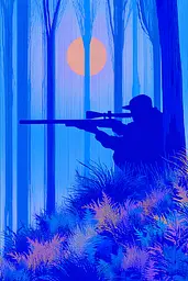 Midjourney generated image using SREF code Neon Hazequake: A silhouette of a man with a rifle in the woods.