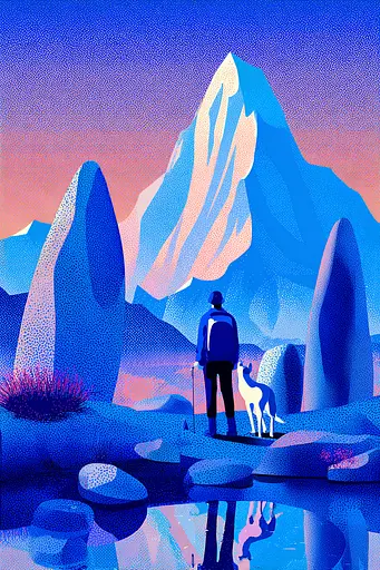 Midjourney generated image using SREF code Neon Hazequake: A man and his dog are standing in front of a mountain.