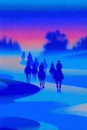 Midjourney generated image using SREF code Neon Hazequake: A group of people riding horses across a river.