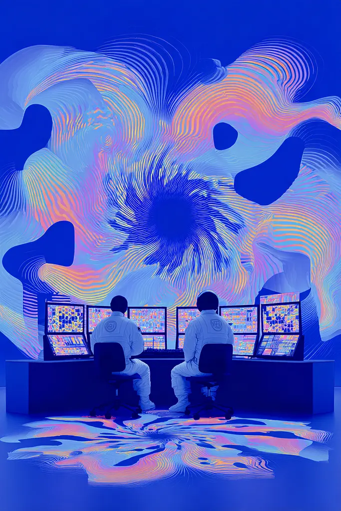 Midjourney generated image using SREF code Neon Hazequake: Two men sitting at a desk in front of multiple monitors.