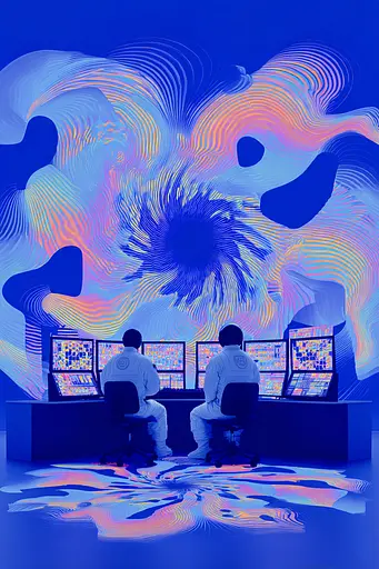 Midjourney generated image using SREF code Neon Hazequake: Two men sitting at a desk in front of multiple monitors.