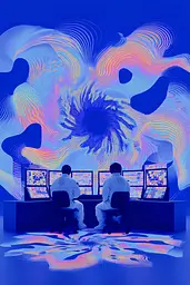 Midjourney generated image using SREF code Neon Hazequake: Two men sitting at a desk in front of multiple monitors.