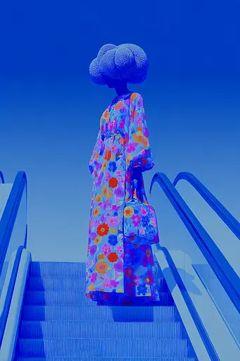Midjourney generated image using SREF code Neon Hazequake: A woman in a colorful dress is walking up some stairs.