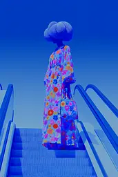 Midjourney generated image using SREF code Neon Hazequake: A woman in a colorful dress is walking up some stairs.