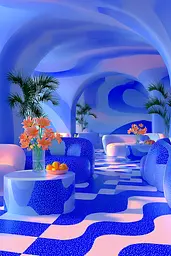 Midjourney generated image using SREF code Neon Hazequake: A living room with blue and pink furniture and flowers.