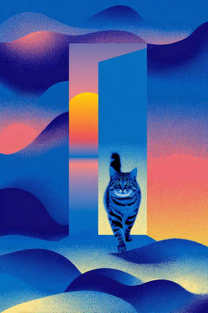 Midjourney generated image using SREF code Neon Hazequake: A cat is standing in front of an open door.