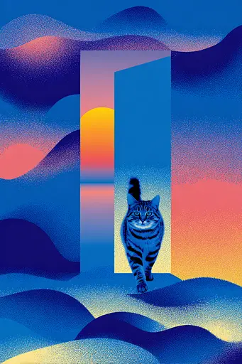 Midjourney generated image using SREF code Neon Hazequake: A cat is standing in front of an open door.