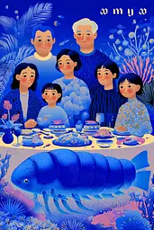 Midjourney generated image using SREF code Neon Hazequake: A family sitting around a table with a large blue lobster.
