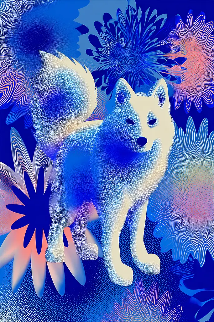 Midjourney generated image using SREF code Neon Hazequake: A white dog standing in front of a blue background with flowers.