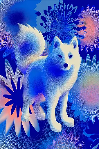 Midjourney generated image using SREF code Neon Hazequake: A white dog standing in front of a blue background with flowers.