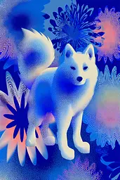 Midjourney generated image using SREF code Neon Hazequake: A white dog standing in front of a blue background with flowers.