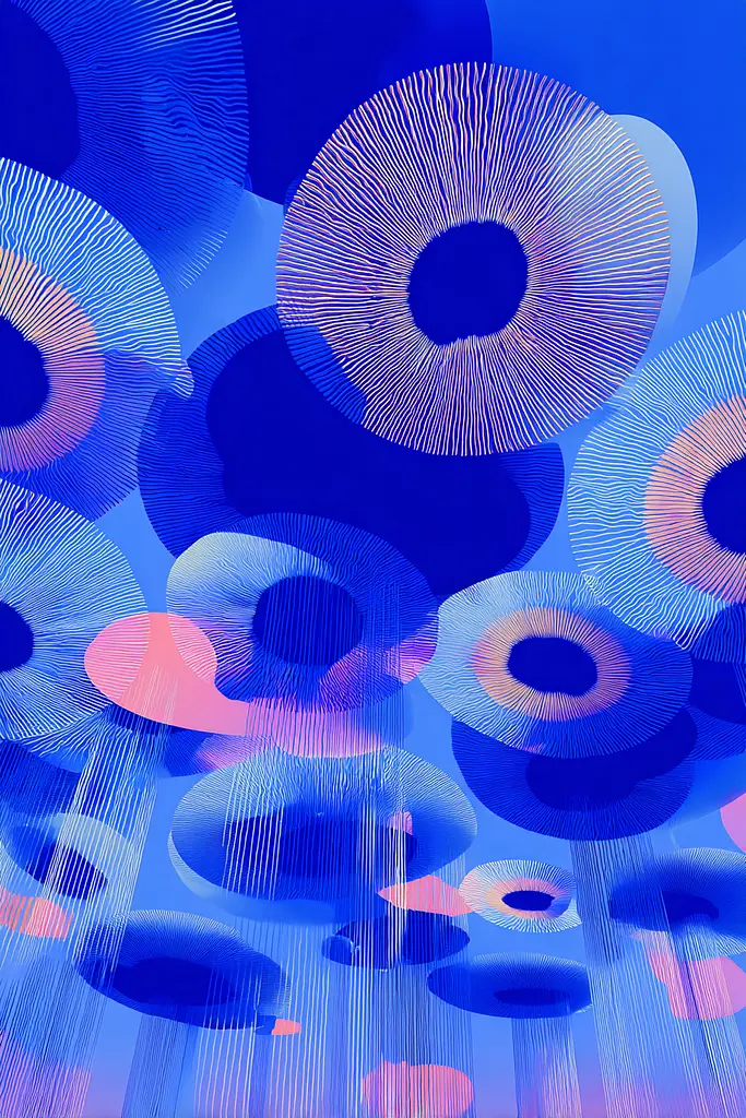Midjourney generated image using SREF code Neon Hazequake: A blue and pink abstract background with circles and lines.