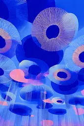 Midjourney generated image using SREF code Neon Hazequake: A blue and pink abstract background with circles and lines.