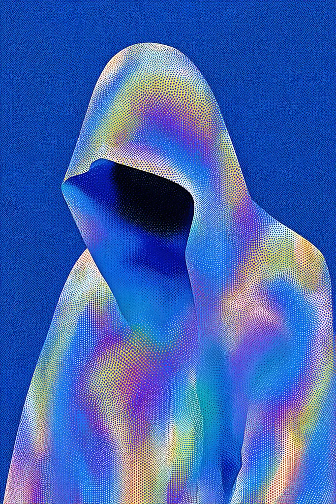 Midjourney generated image using SREF code Neon Hazequake: A woman in a hooded sweatshirt with a blue background.