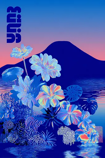 Midjourney generated image using SREF code Neon Hazequake: A blue and pink poster with flowers in the water.