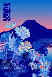 Midjourney generated image using SREF code Neon Hazequake: A blue and pink poster with flowers in the water.