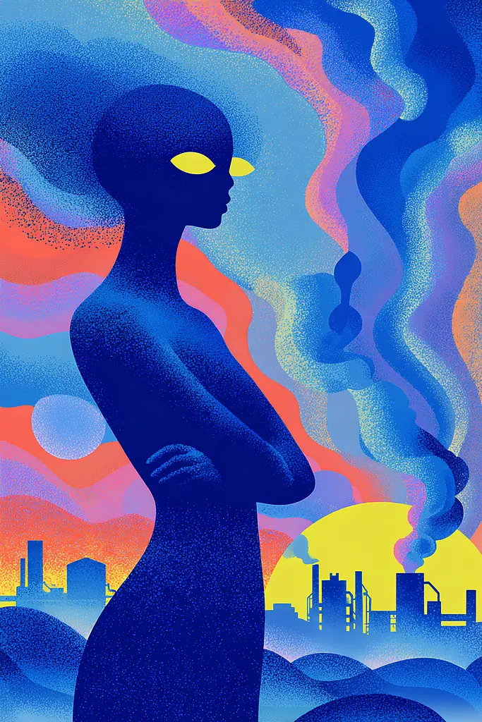 Midjourney generated image using SREF code Neon Hazequake: A woman standing in front of a city with smoke coming out of her head.