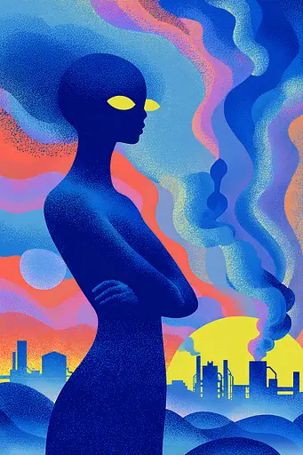 Midjourney generated image using SREF code Neon Hazequake: A woman standing in front of a city with smoke coming out of her head.