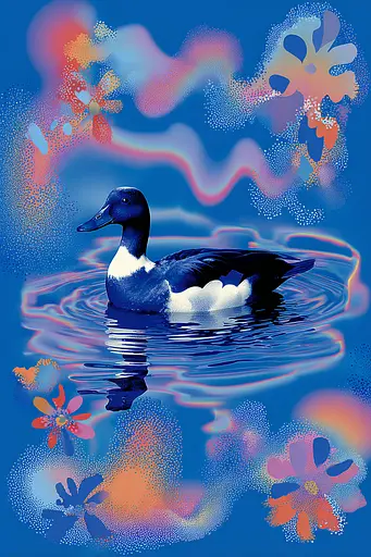 Midjourney generated image using SREF code Neon Hazequake: A duck swimming in a pond surrounded by colorful flowers.