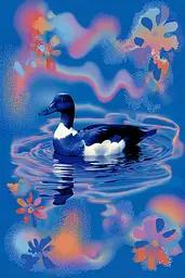 Midjourney generated image using SREF code Neon Hazequake: A duck swimming in a pond surrounded by colorful flowers.