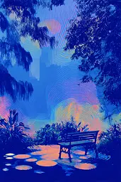 Midjourney generated image using SREF code Neon Hazequake: A park bench sitting in the middle of a lush green park.