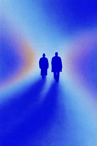 Midjourney generated image using SREF code Neon Hazequake: A couple of people walking down a blue and purple background.