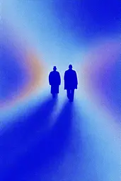 Midjourney generated image using SREF code Neon Hazequake: A couple of people walking down a blue and purple background.
