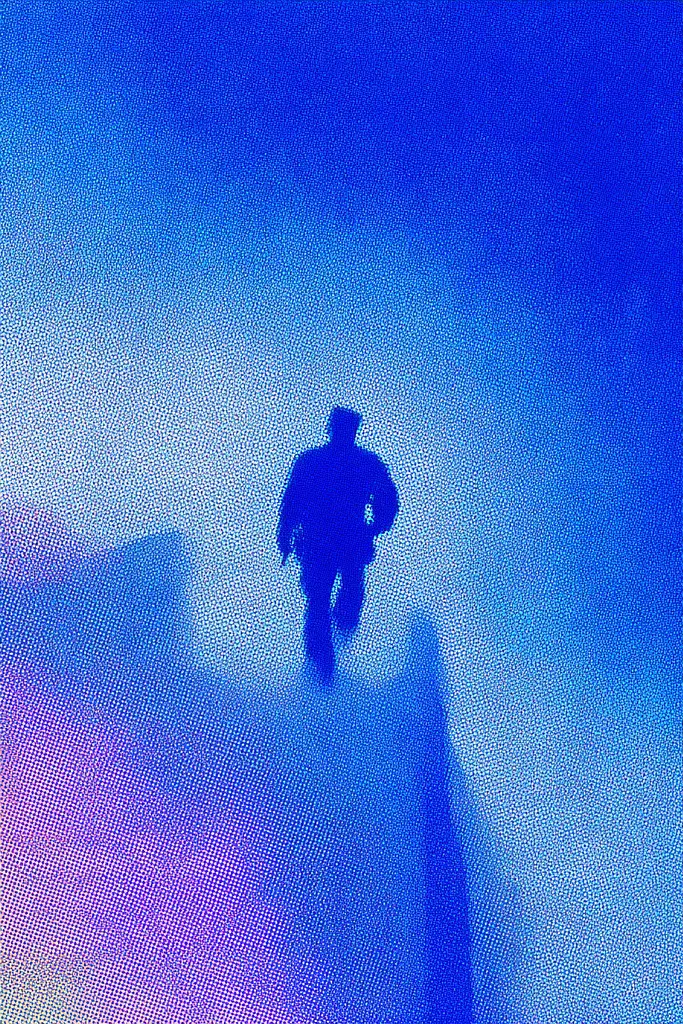 Midjourney generated image using SREF code Neon Hazequake: A silhouette of a person walking in the fog.