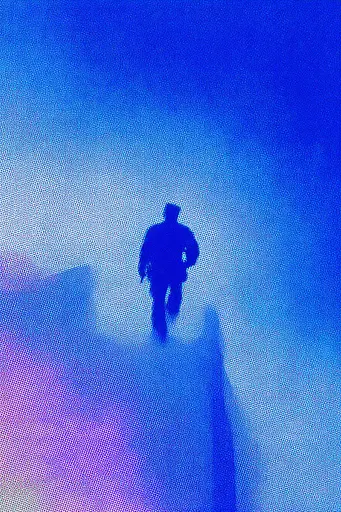 Midjourney generated image using SREF code Neon Hazequake: A silhouette of a person walking in the fog.