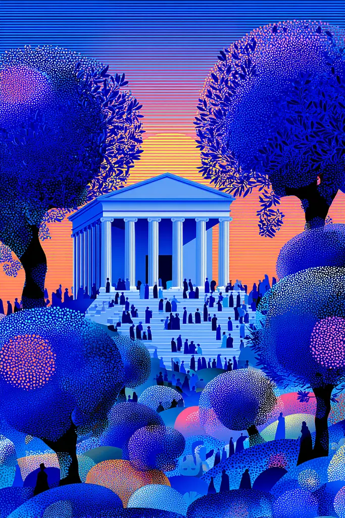 Midjourney generated image using SREF code Neon Hazequake: A group of people standing in front of a building surrounded by trees.