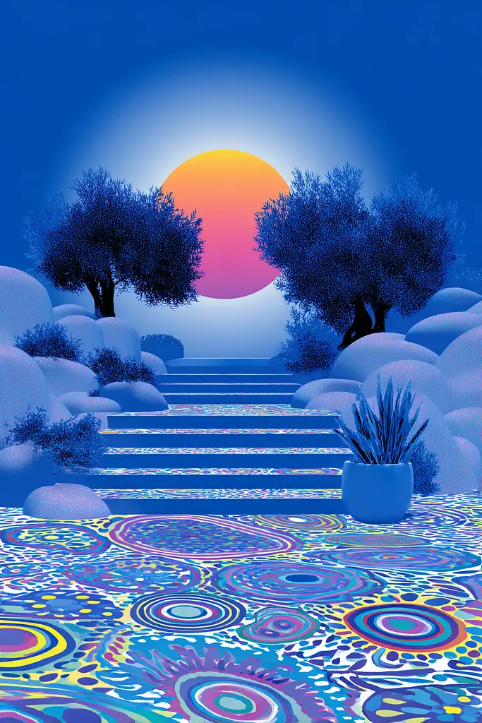 Midjourney generated image using SREF code Neon Hazequake: A painting of a stairway leading up to a sunset with trees in the background.