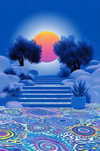 Midjourney generated image using SREF code Neon Hazequake: A painting of a stairway leading up to a sunset with trees in the background.