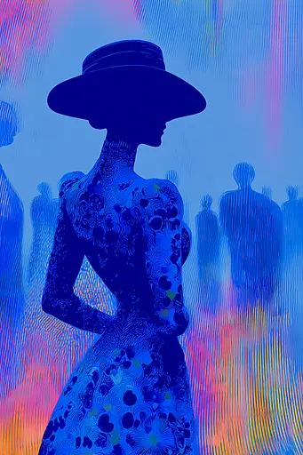 Midjourney generated image using SREF code Neon Hazequake: A woman in a blue dress and hat standing in front of a crowd.