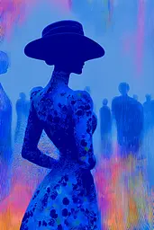 Midjourney generated image using SREF code Neon Hazequake: A woman in a blue dress and hat standing in front of a crowd.